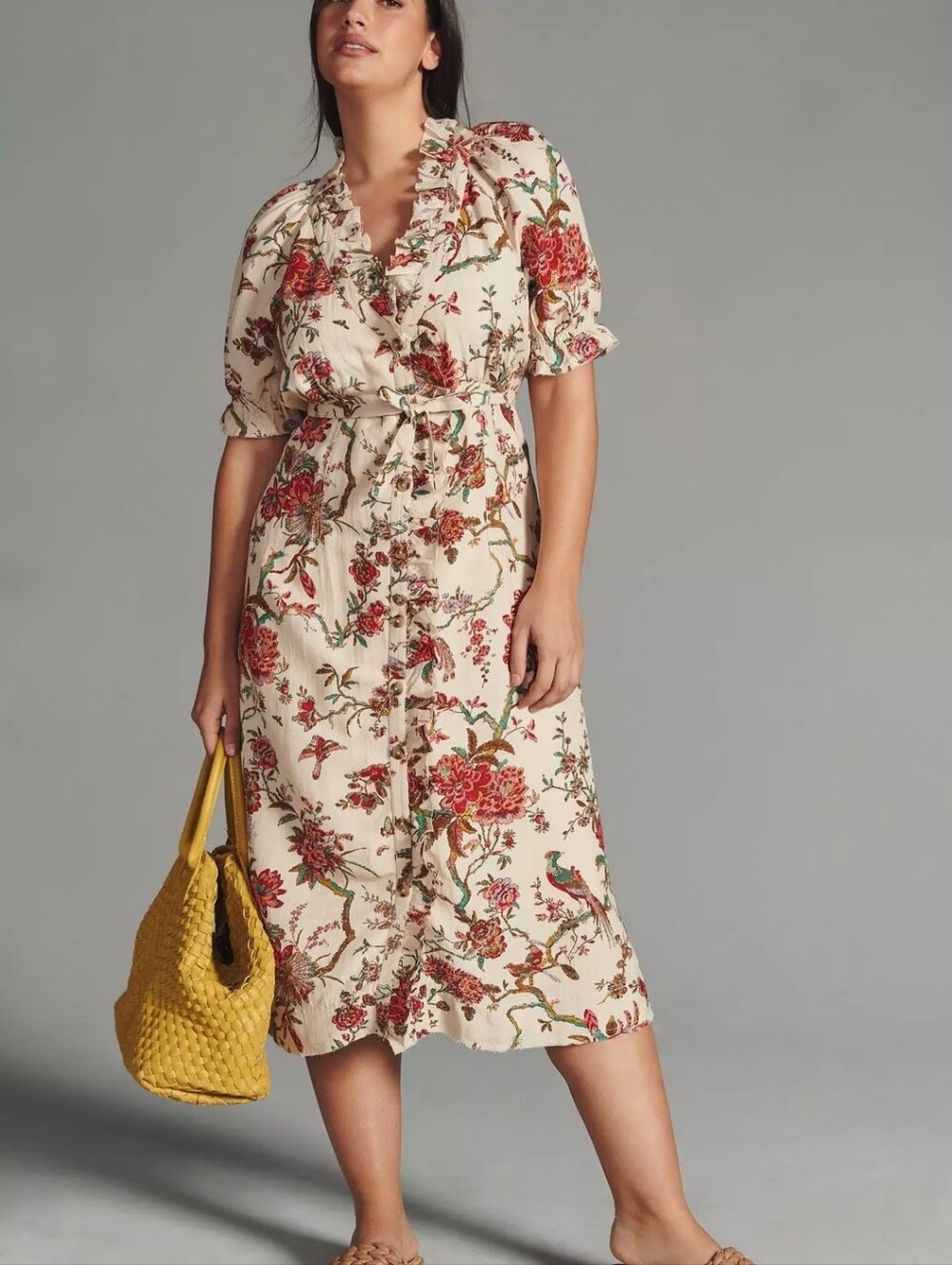 Anthropologie Pilcro Ruffle Collar Buttondown Dress Floral Linen Blend 20W Lined
